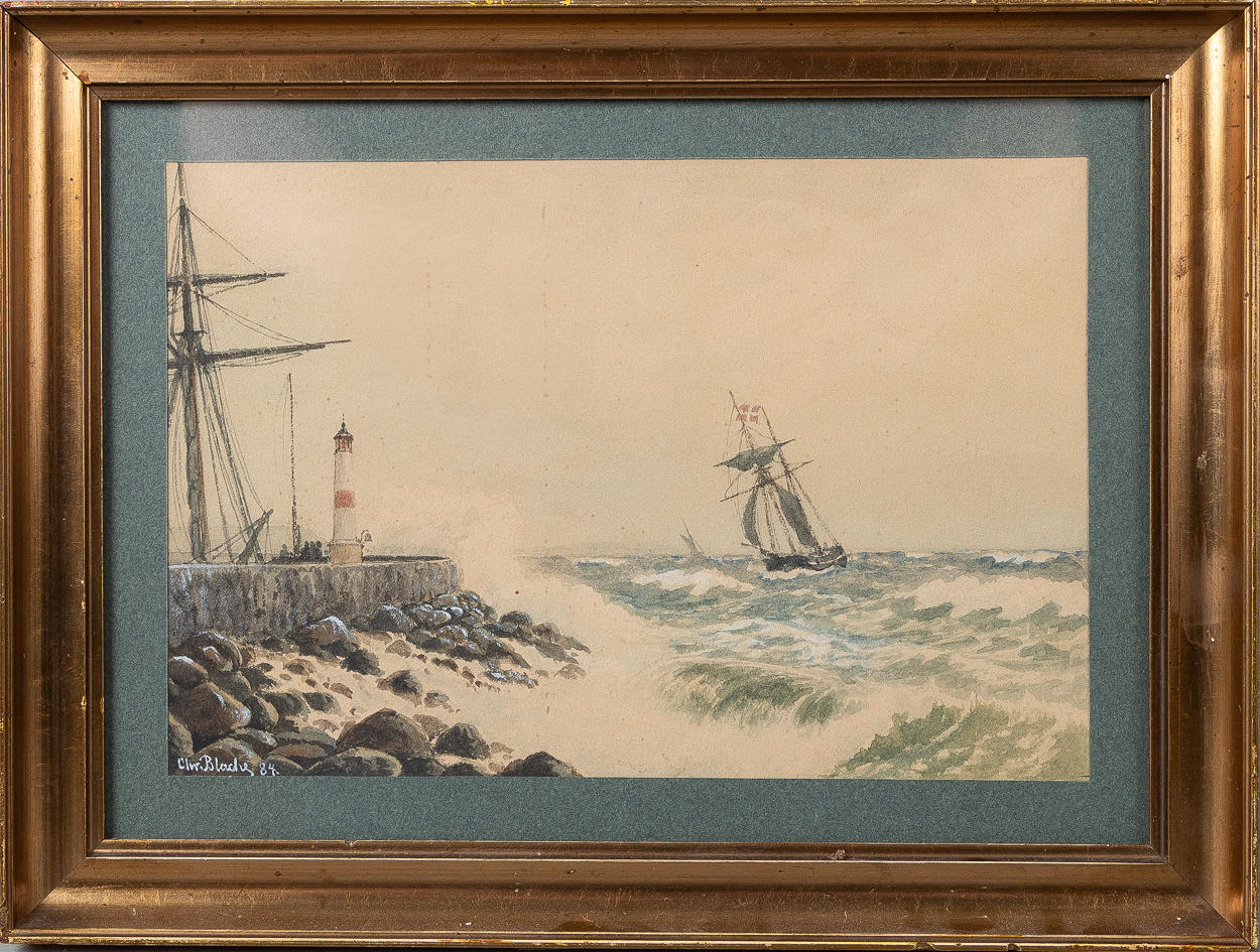 CHRISTIAN BLACHE (DANMARK, 1838-1920). Ship in high lake with lighthouse, watercolor on paper.