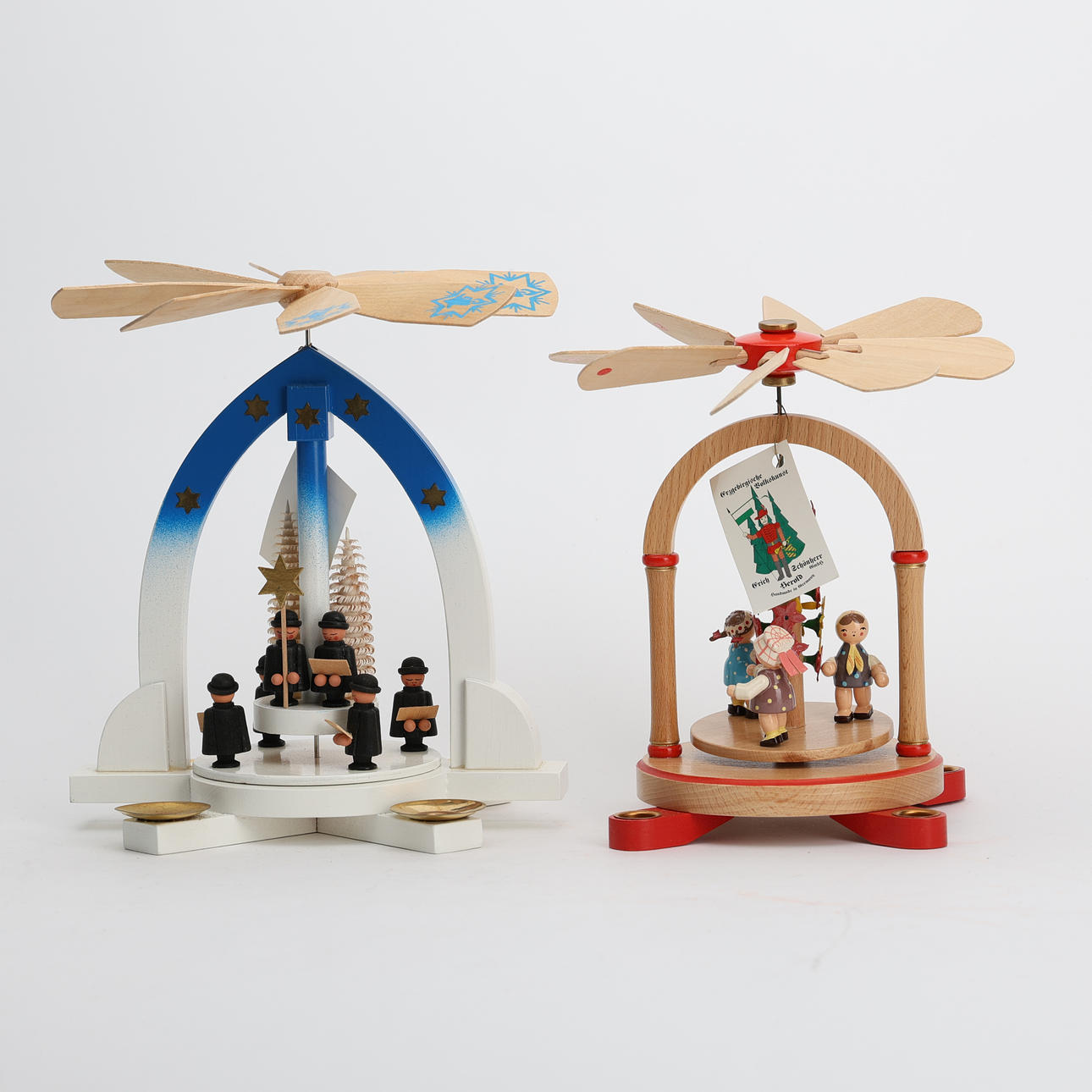 Two Erzgebirge Pyramids, painted wood, Germany.