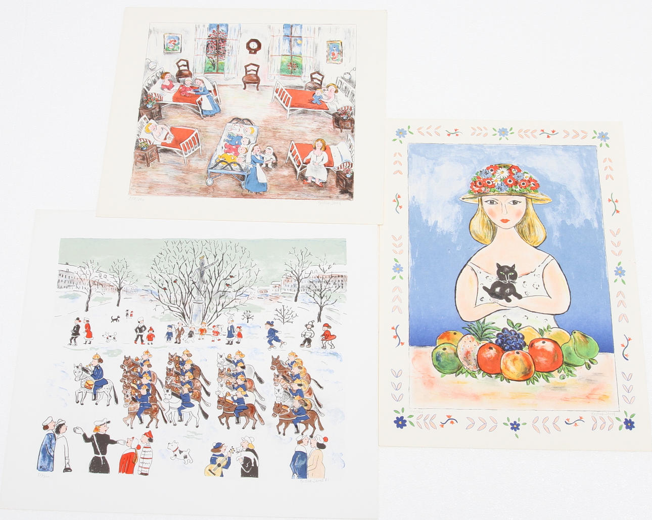 KRISTINA JÖRED. Färglitografier. 3 st, figurscener, signerade och numrerade.