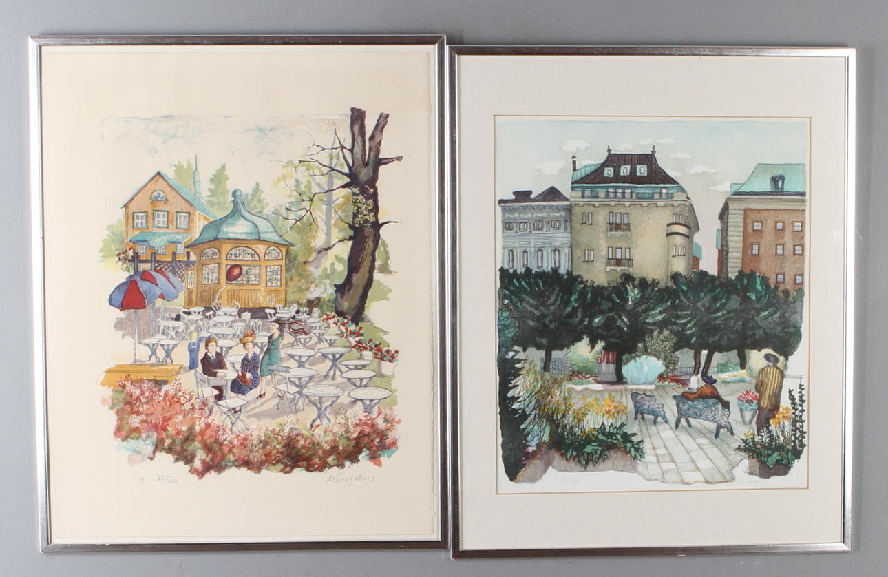 MIKAEL TRYGGELIN. 2 st, färglitografier, numrerad 128/200 respektive HC XV/XXV.