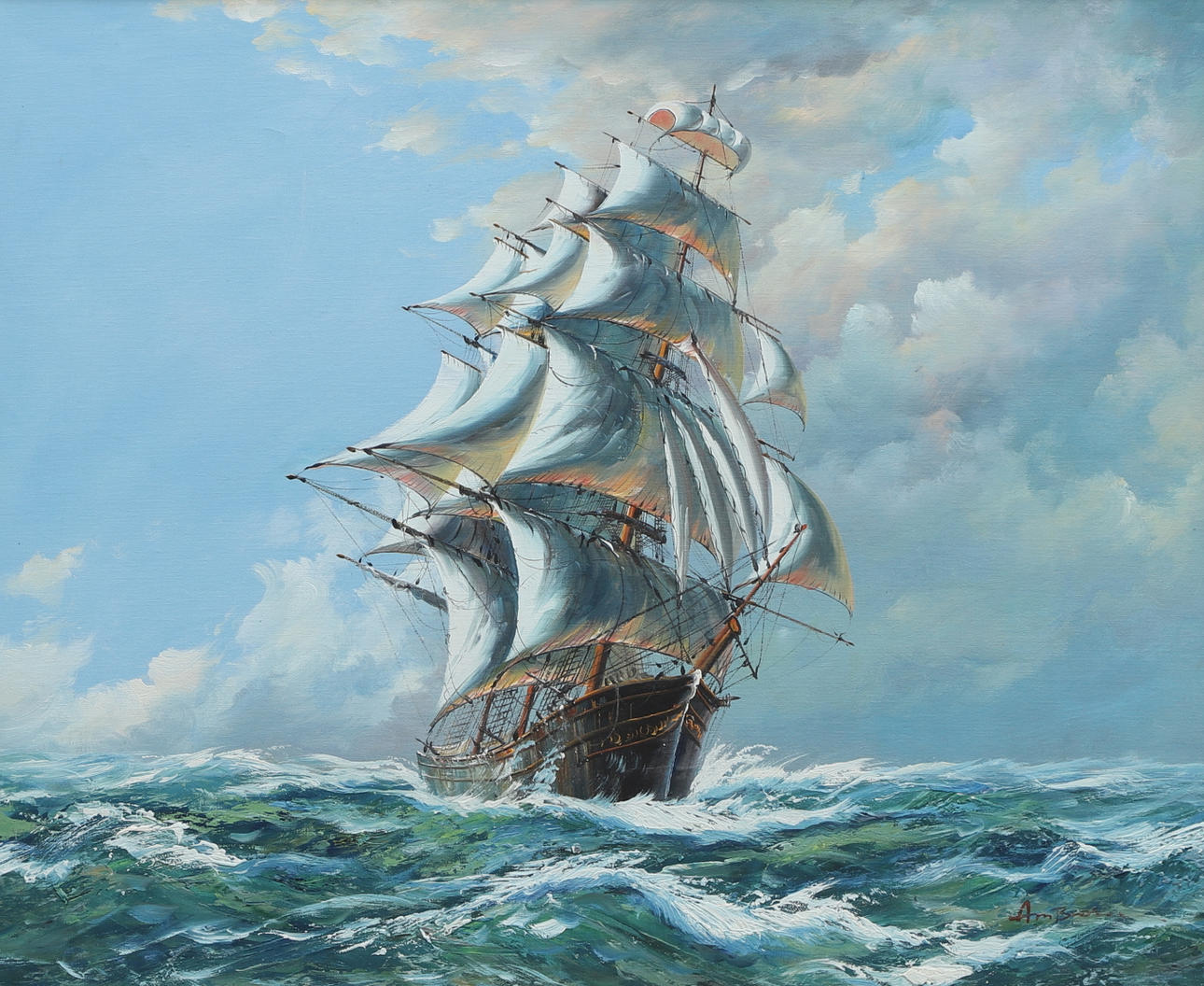 JOHN AMBROSE. Oil on canvas, sailing ship, signed.