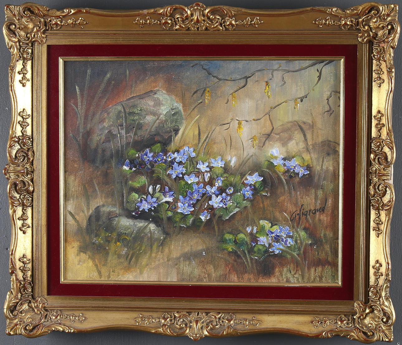 GUNVOR SIGRAND. Blåsippor, olja på duk, signerad.