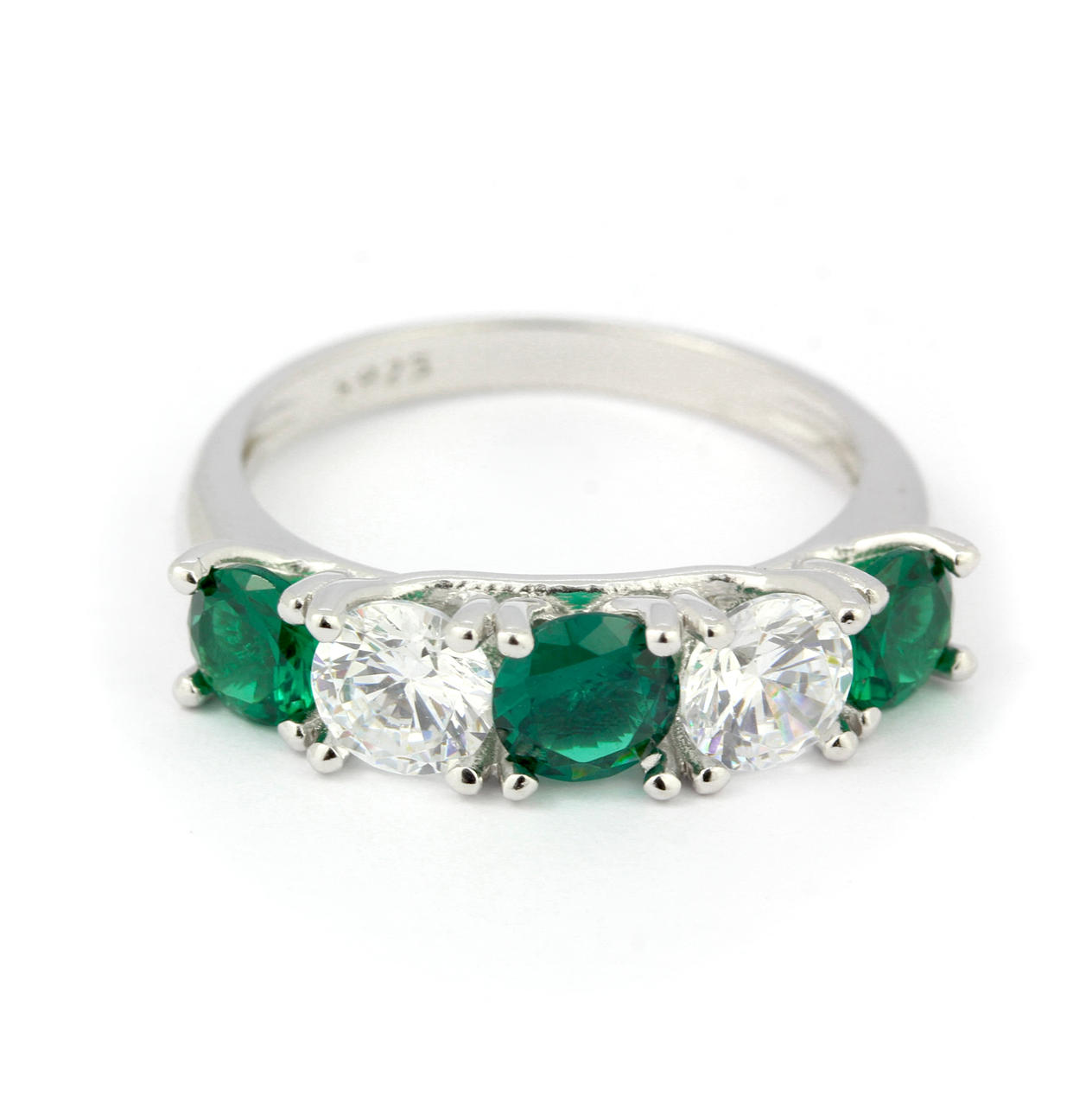 SILVER RING SET WITH WHITE AND GREEN STONES.