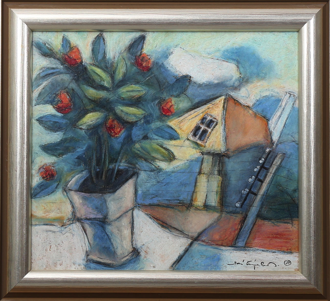 JUSSI TAIPALEENMÄKI. Fönster utsikt Svaneke, Bornholm, olja på pannå, signerad.