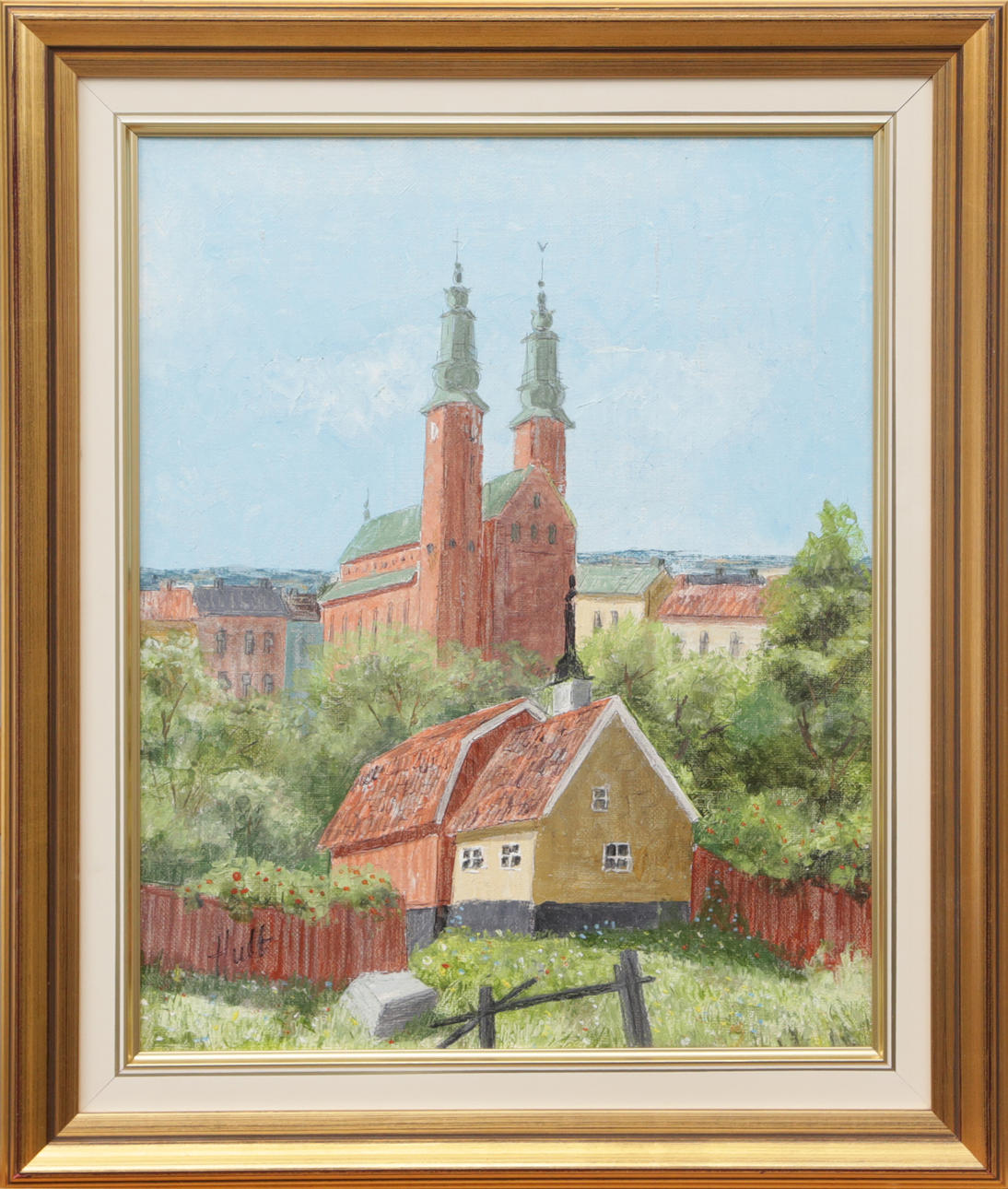 OIDENTIFIERAD KONSTNÄR. OIL, on canvas, depicting Högalidskykirke at Söder in Stockholm, signed Hult.