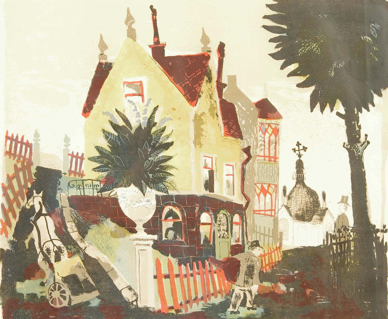 OLLE OLSSON HAGALUND. Gatuvy, färglitografi med dedikation, signerad.