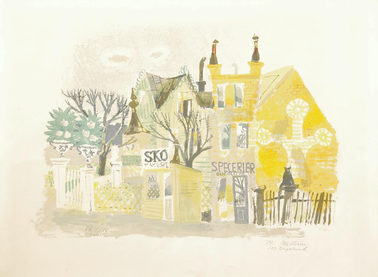 OLLE OLSSON HAGALUND. Sko och Specerier, färglitografi, signerad.