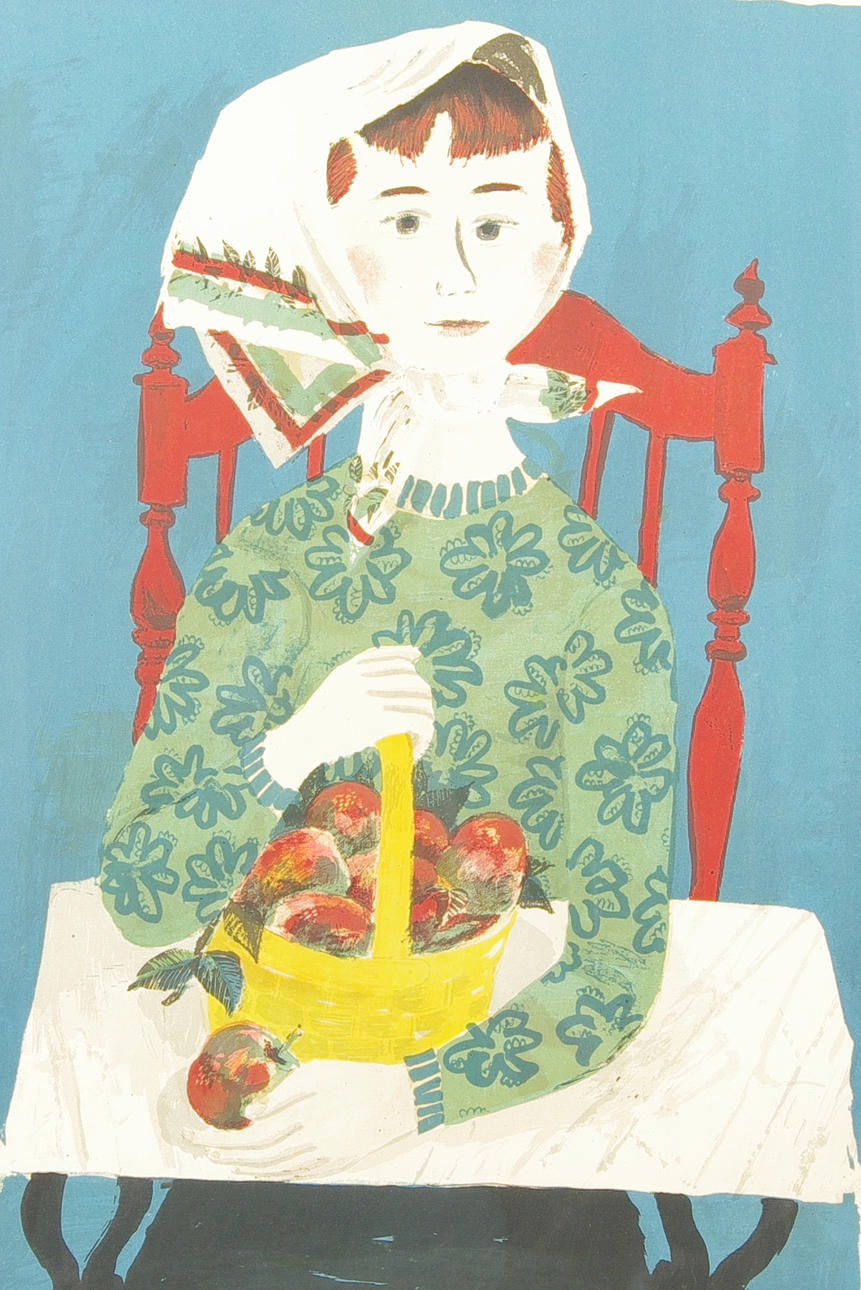 OLLE OLSSON HAGALUND. Flicka med äppelkorg, färglitografi, signerad.