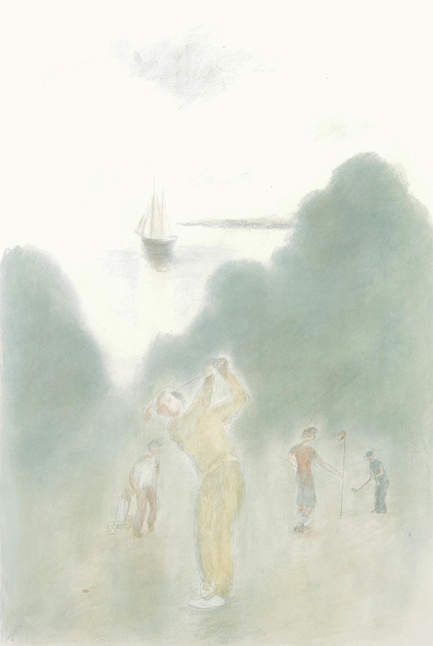 GUSTAV RUDBERG. Golfspelare, färglitografi, signerad.