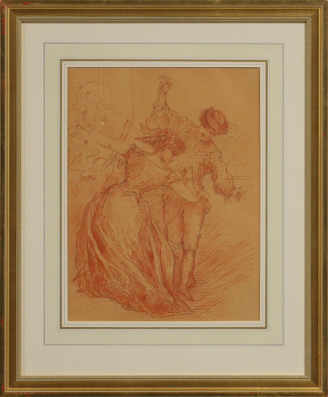 EGRON LUNDGREN. TILLSKRIVEN. Figurscen, rödkrita, signerad E L.