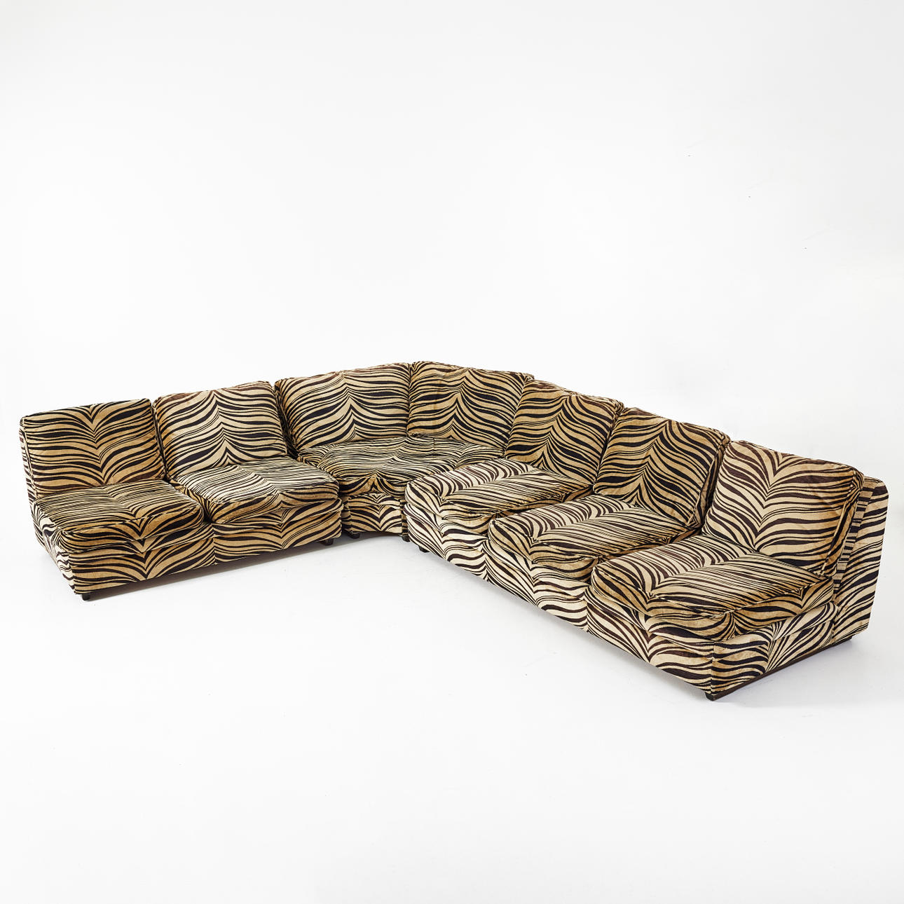 ÅKE NILSSON. A corner sofa, “Playboy”, zebra pattern velvet fabric, modular sofa, 3 pieces, Dux Möbel AB, Trelleborg 1970s.