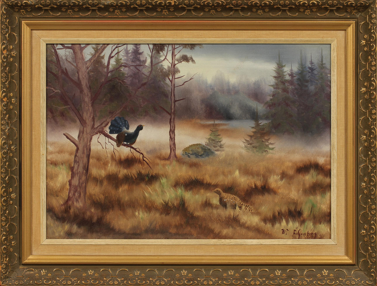 WALTER LILJENBERG. Skogslandskap med fåglar, olja på duk, signerad.