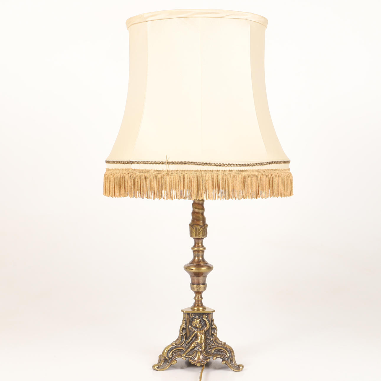 Bordlampe, messing med tekstilskærm, 20. århundrede.