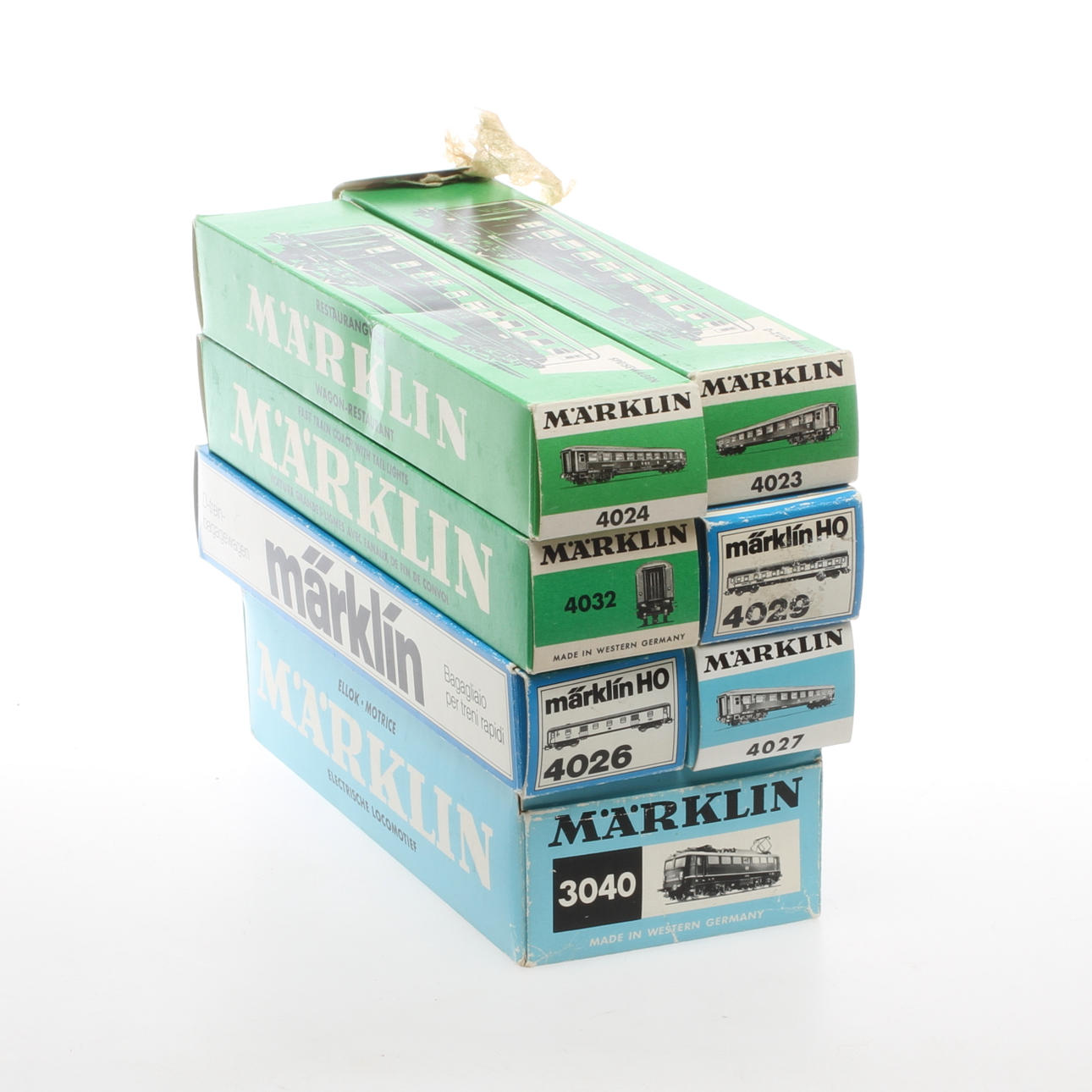 MÄRKLIN 3040 DB:s ellok E40, personvagnar 4023, 4024, 4026, 4027, 4029 och 4032. Originalkartonger.