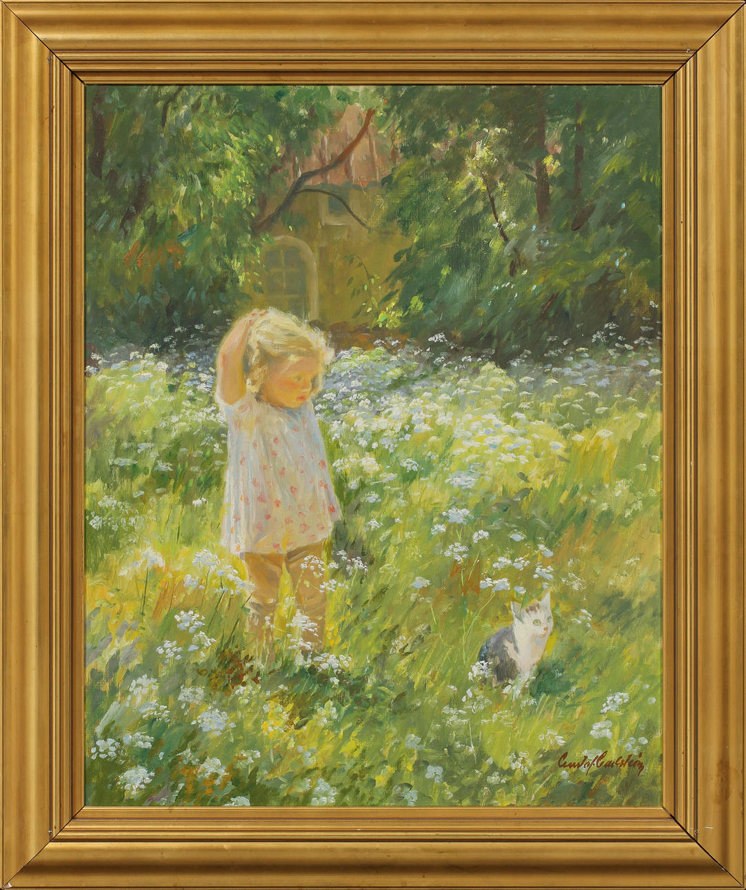 GUSTAF CARLSTRÖM. " De e nog grannens arga katta", olja på pannå, signerad.
