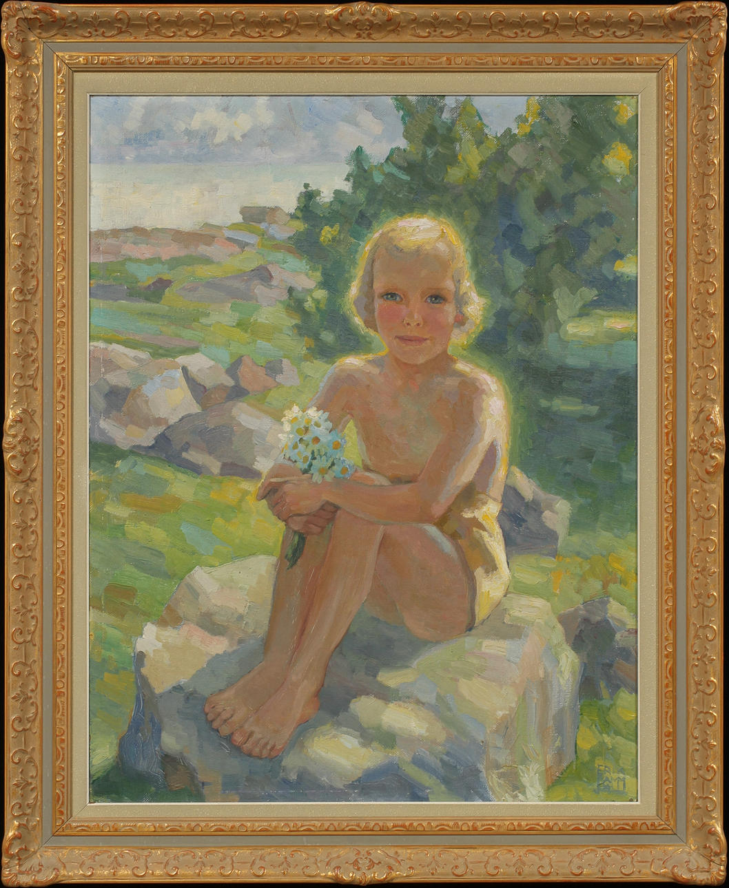 ERIK LAMM. Flicka med blommor, olja på pannå, signerad.