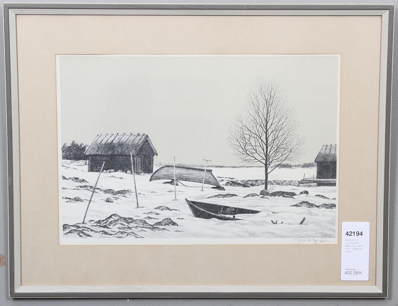 REINHOLD LJUNGGREN. Båtar i snö, samt tryck "Slaget vid Lutzen".