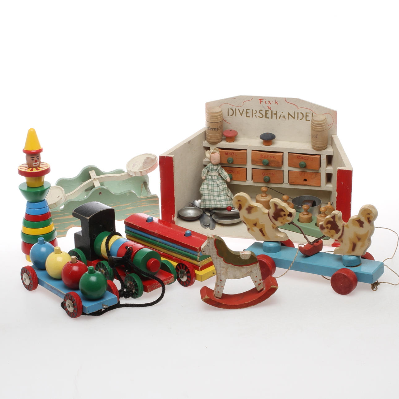 PARTI LEKSAKER, bl handelsbod, lok och clown.