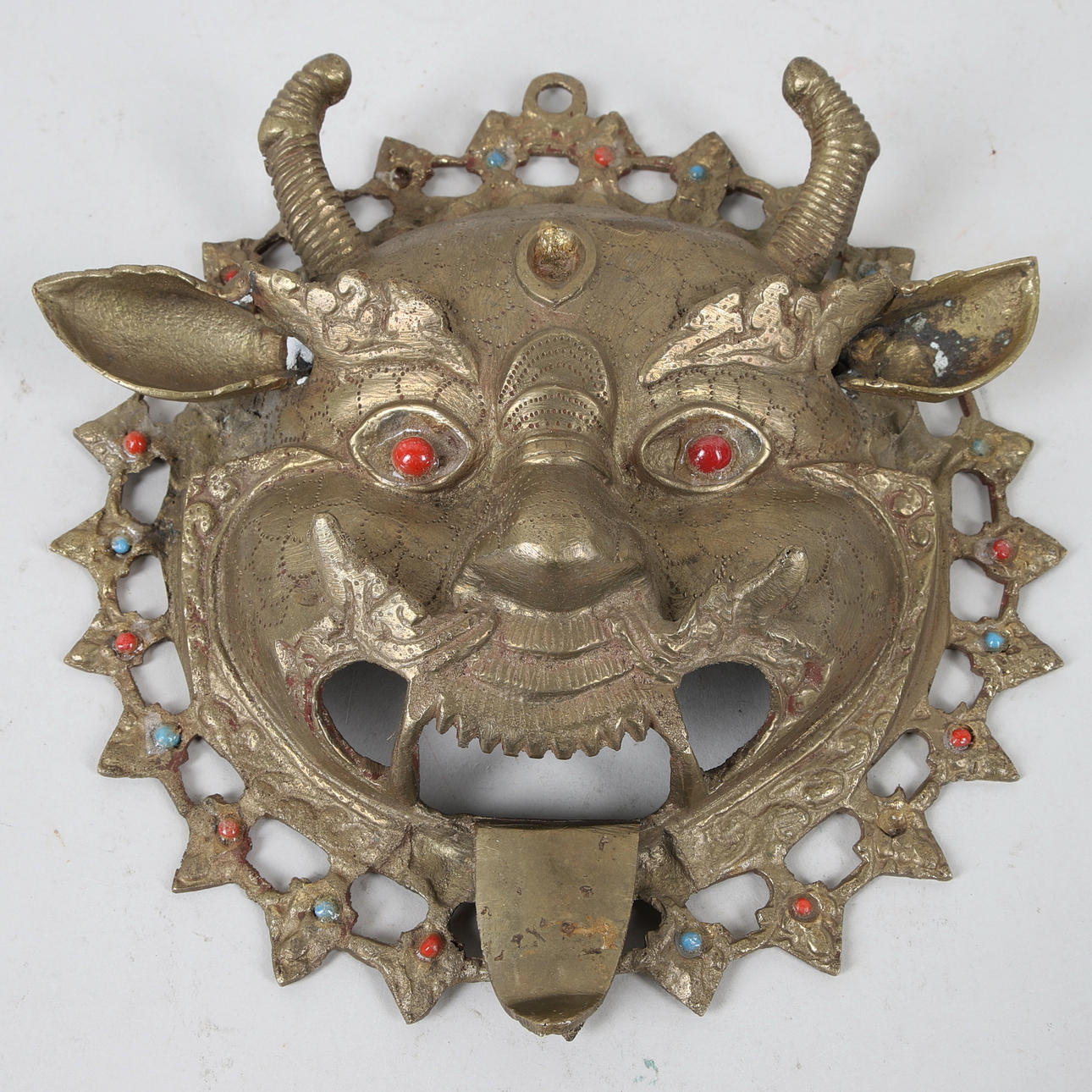 MASK, demon face, bronzed metal, India.