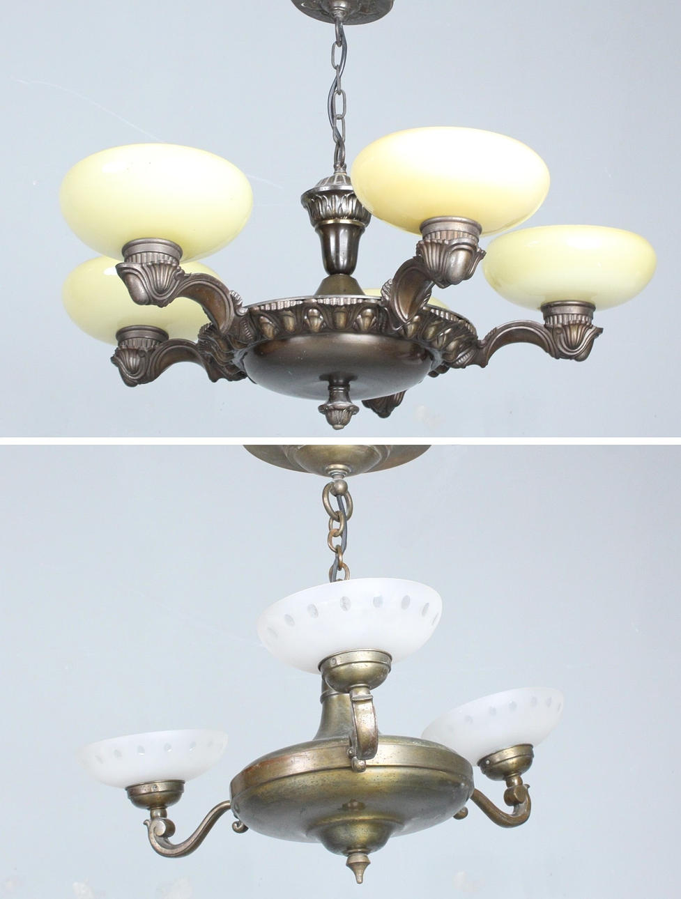 Two ceiling chandeliers with bowls.
