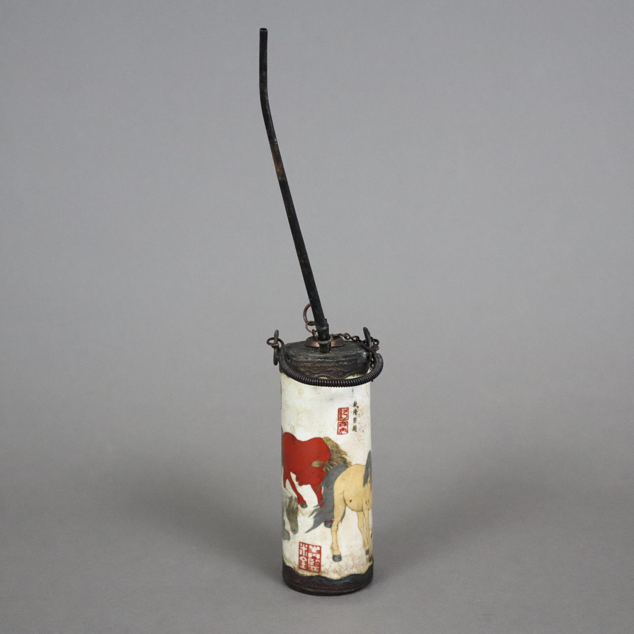 Cylindrisk OPIUMRÖR - Kina, keramik och metallfäste (svart koppar).