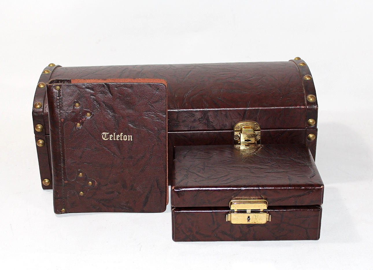 DOKUMENTSKRIN, med telefonbok och litet skrin, trä, skinn.