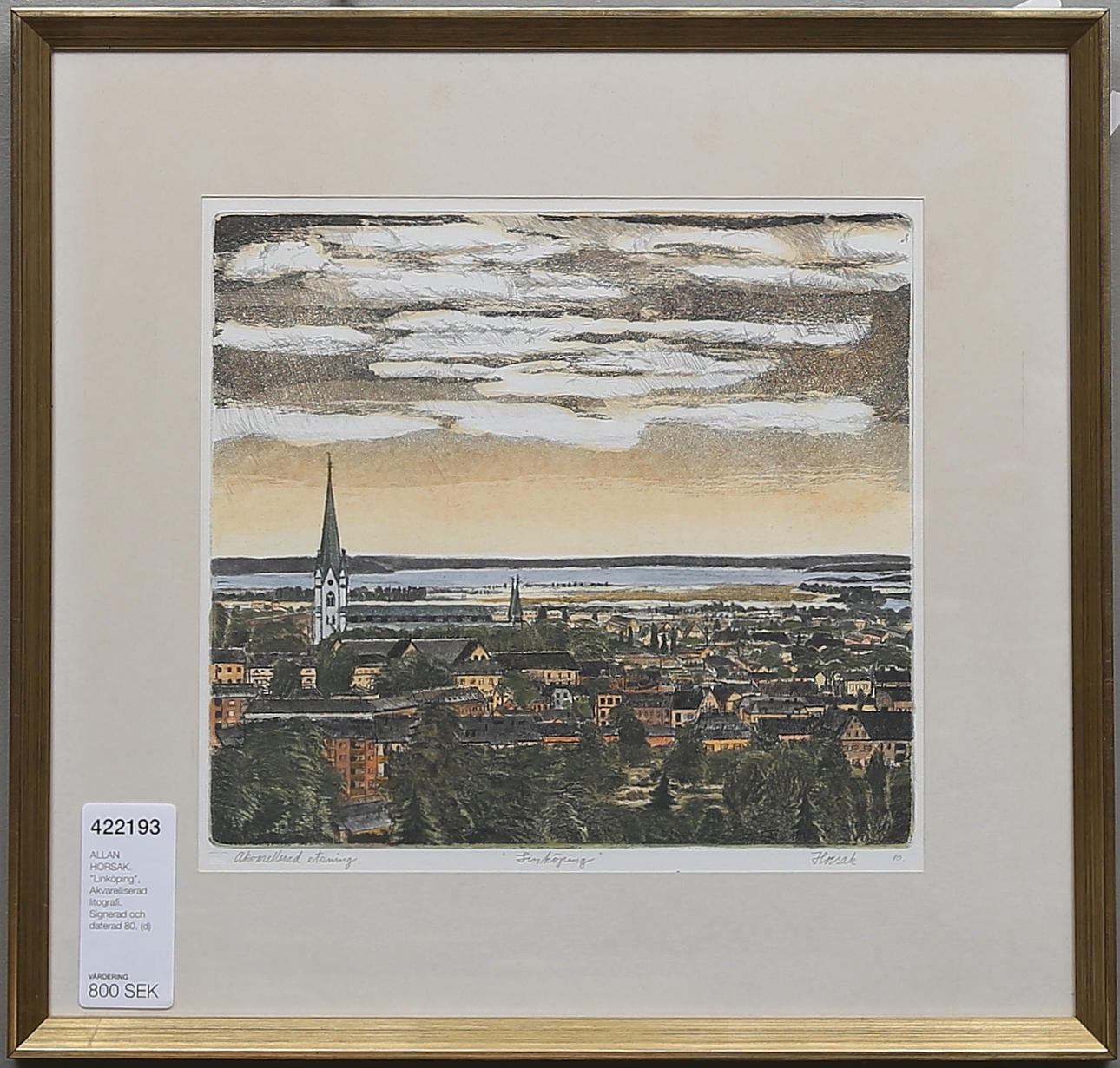 ALLAN HORSAK. "Linköping", Akvarelliserad litografi. Signerad och daterad 80.