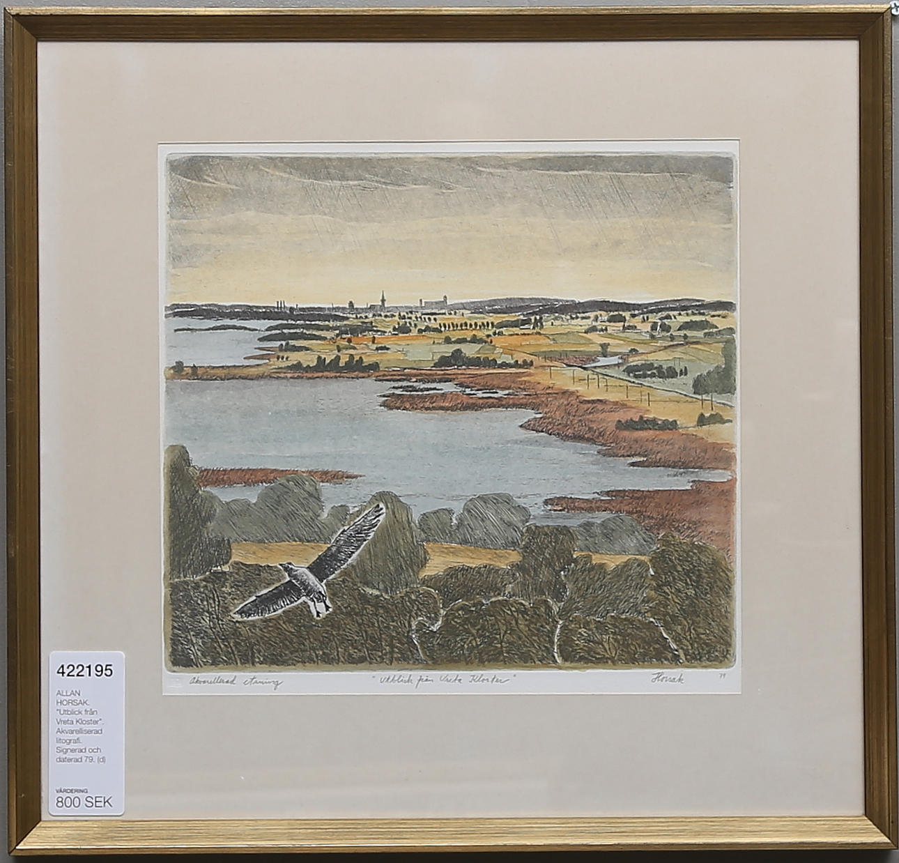 ALLAN HORSAK. "Utblick från Vreta Kloster". Akvarelliserad litografi. Signerad och daterad 79.