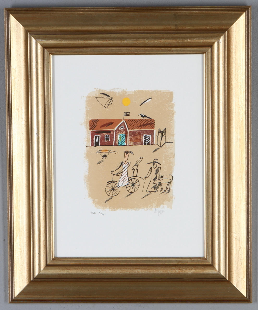 MADELEINE PYK. Motiv med hus och cykel, färglitografi, signerad, egen upplaga 5/20.