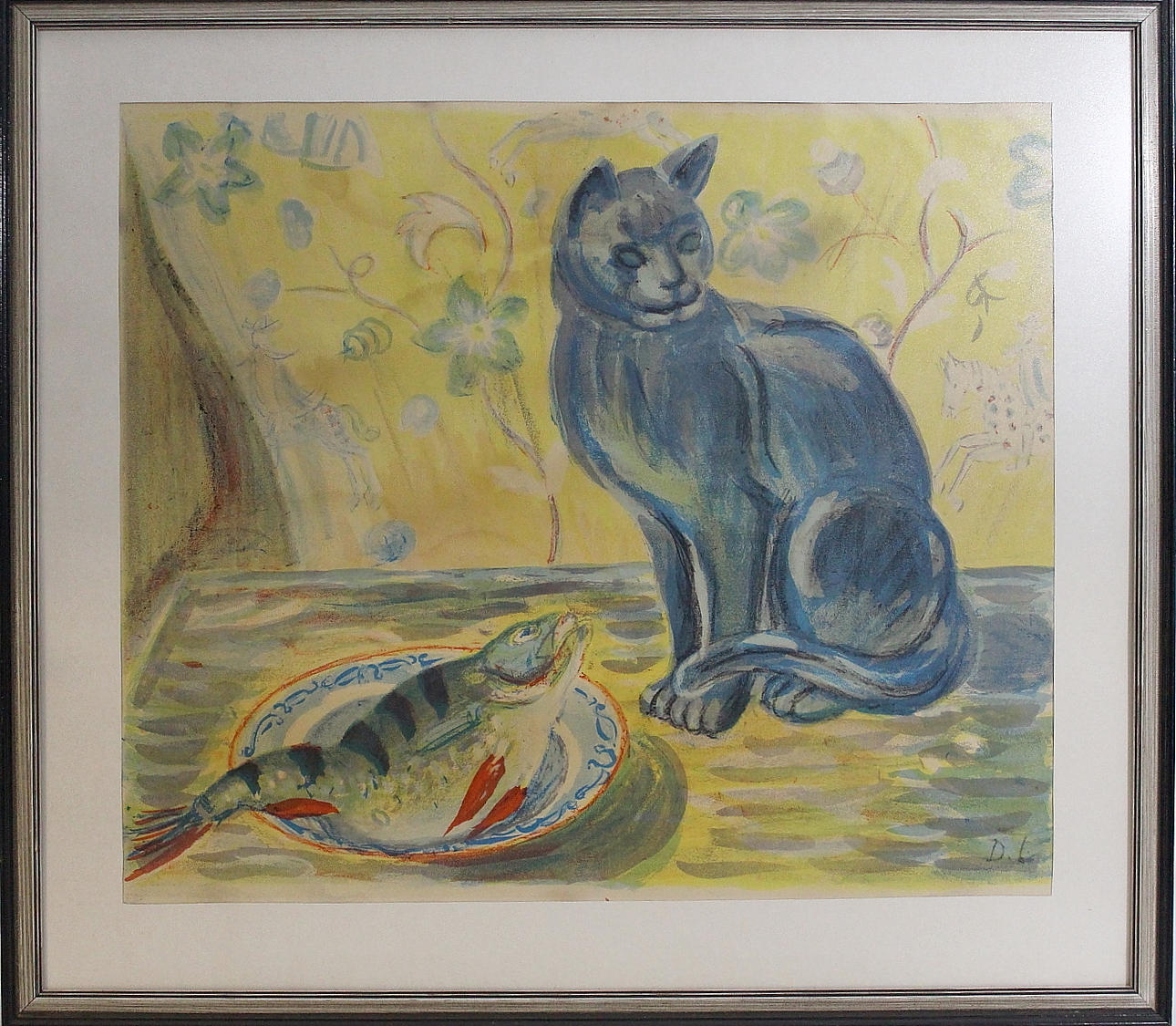 DAVID LARSSON. Grafisk reproduktion, figurkomposition med katt.