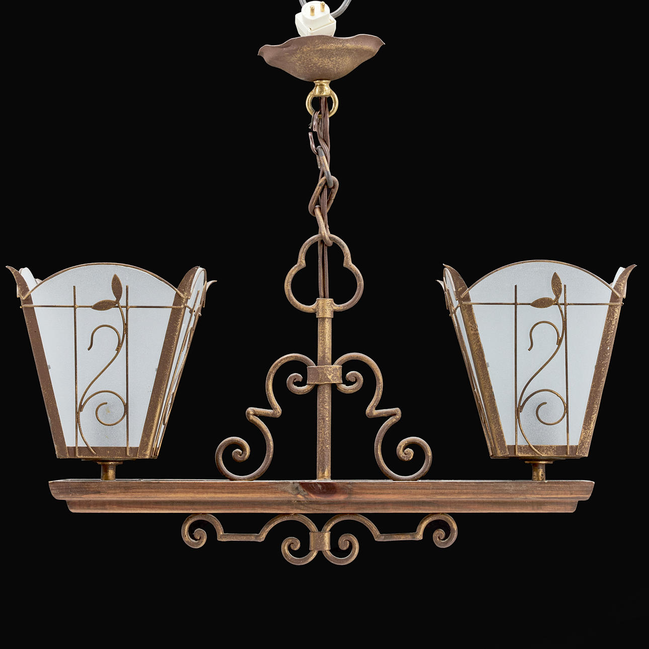 A 1920's frosted glass wrought iron ceiling lamp. Swedish Grace. 2 points of light.