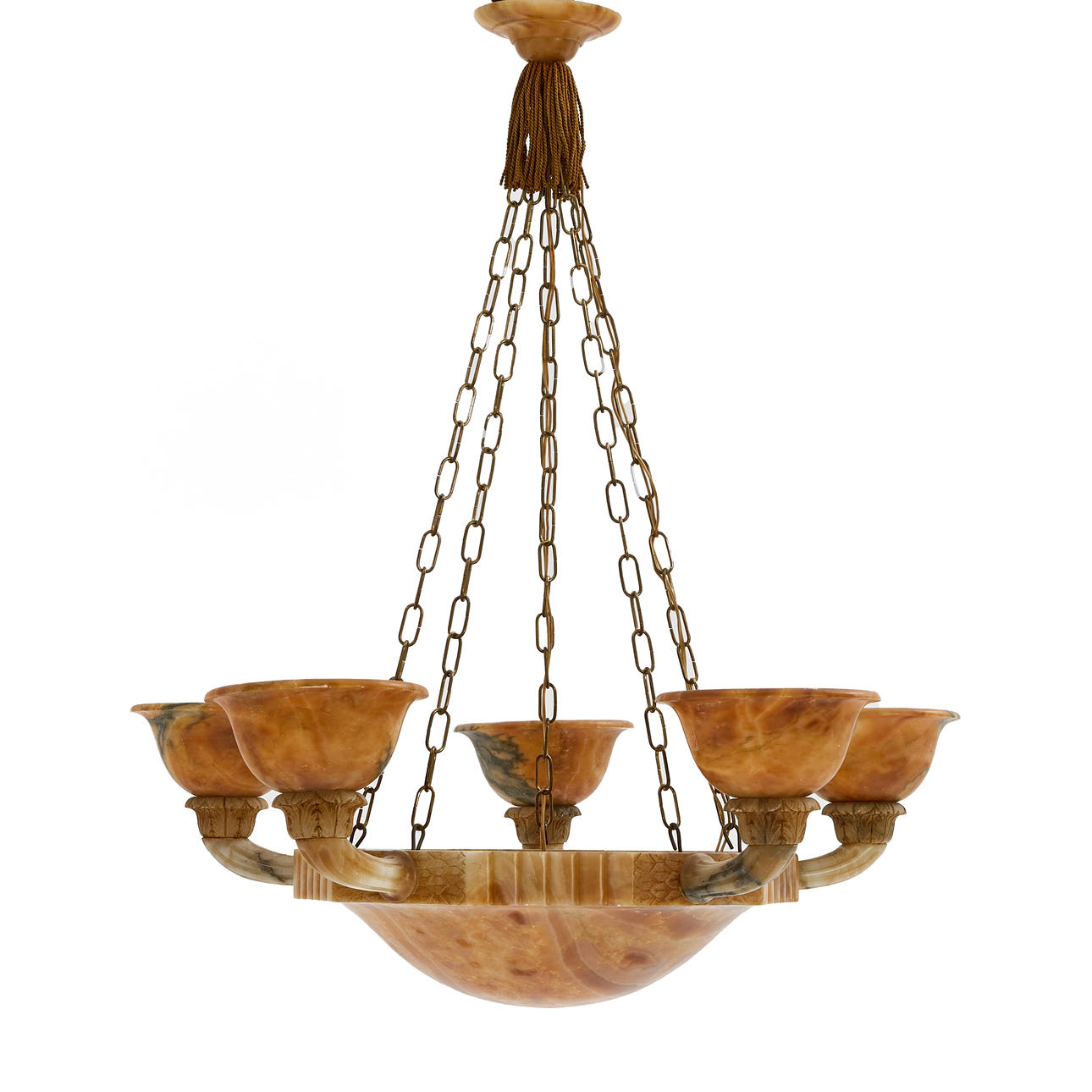 A 1920's alabaster six-point ceiling lamp.