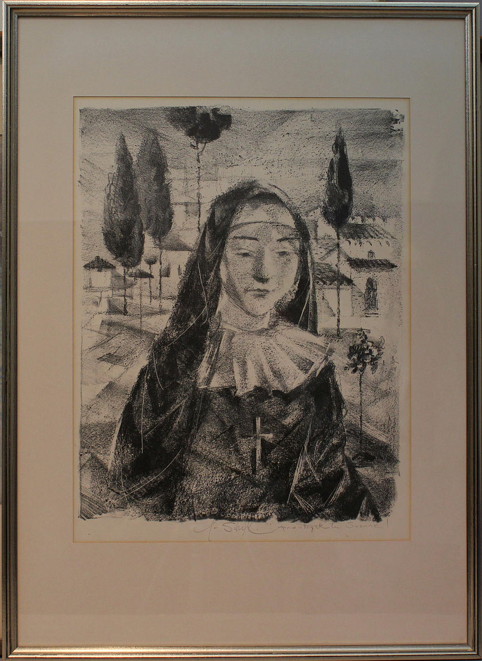 JULES SCHYL. Nunna, Litografi. Signerad J Schyl. Provtryck.