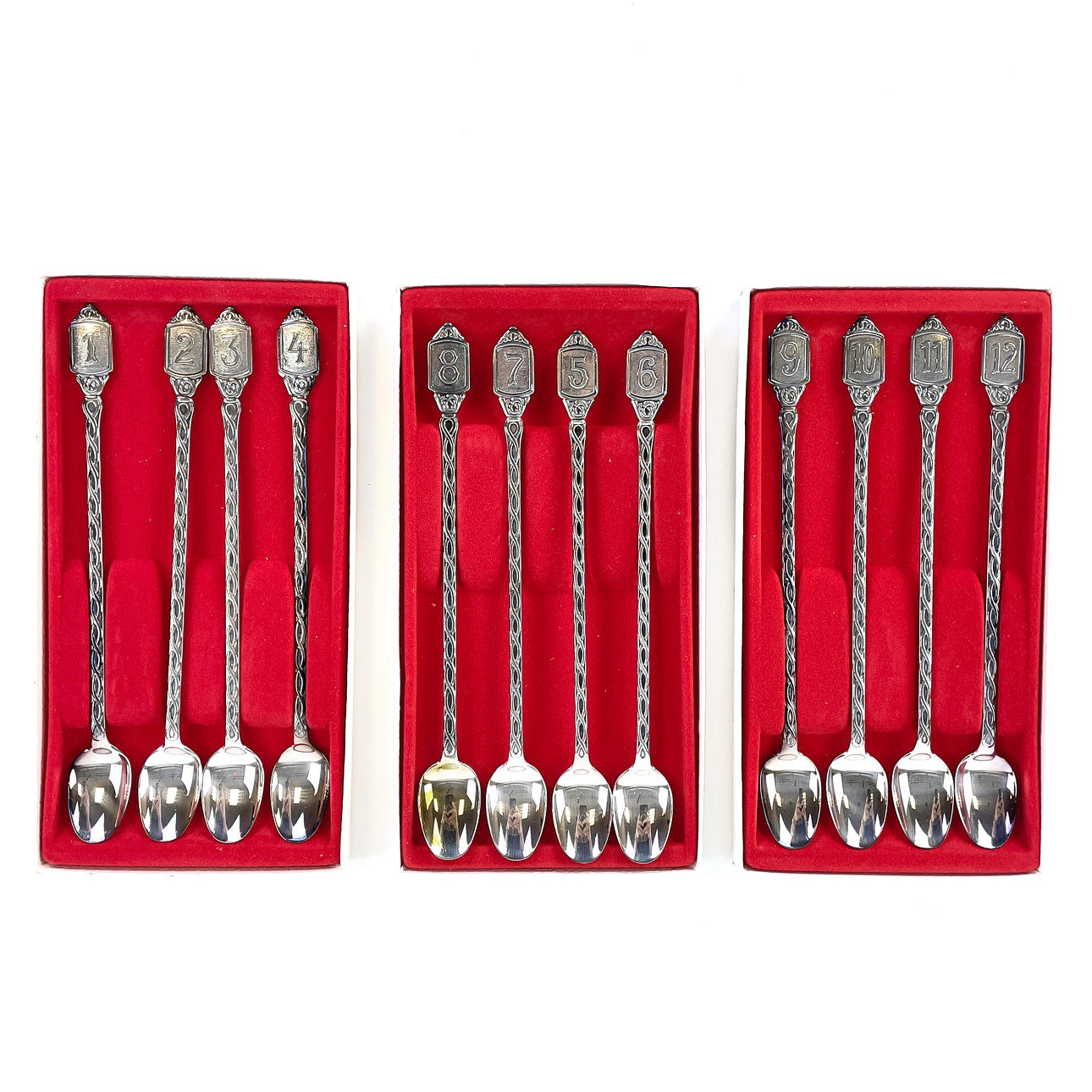A set of 12 numbered drinking spoons, Sweden.