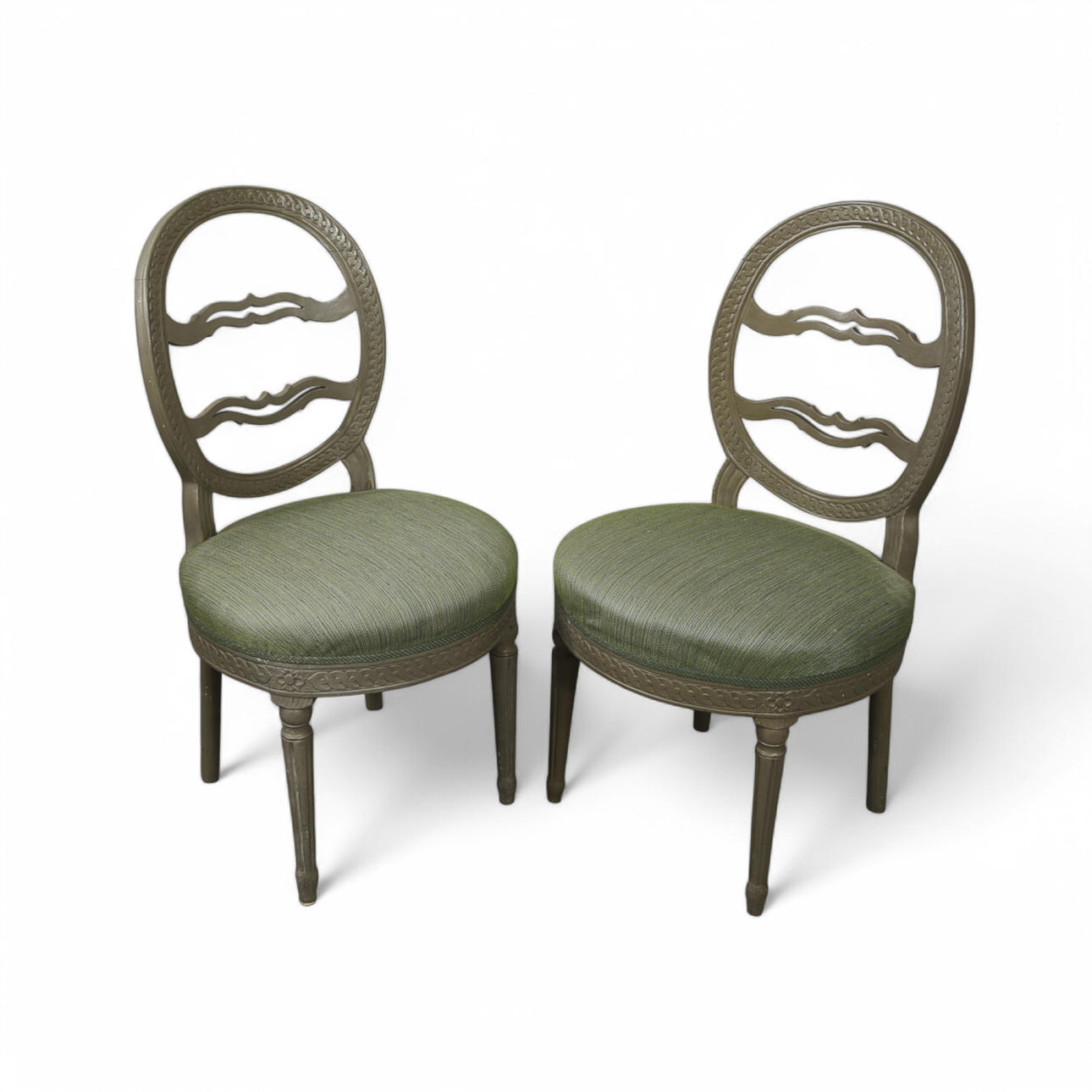 LAUGHING CHAIRS, a pair, light grey Gustavian, main motif cut braid ribbons. Around the year 1800.