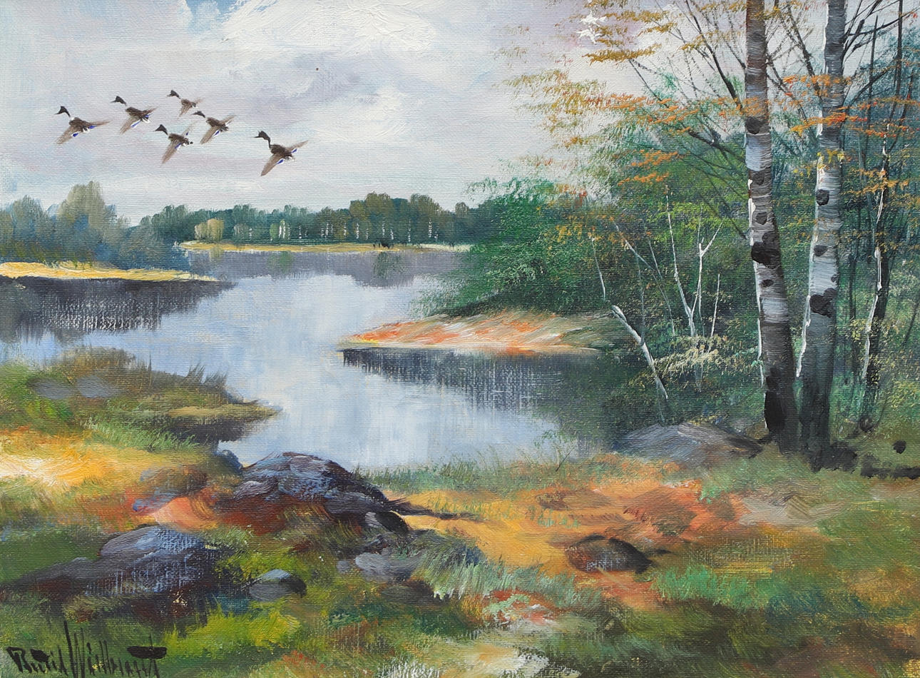 BERTIL WIDBRANDT. Oil on canvas, flying ducks, signed.
