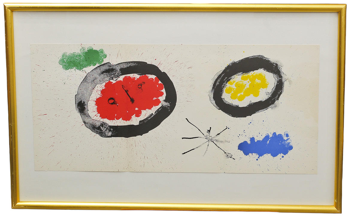 JOAN MIRÓ. After, Lithographic print from the folder Derriere Le Miroir, two coloured black rings, No. 128 in 1961.