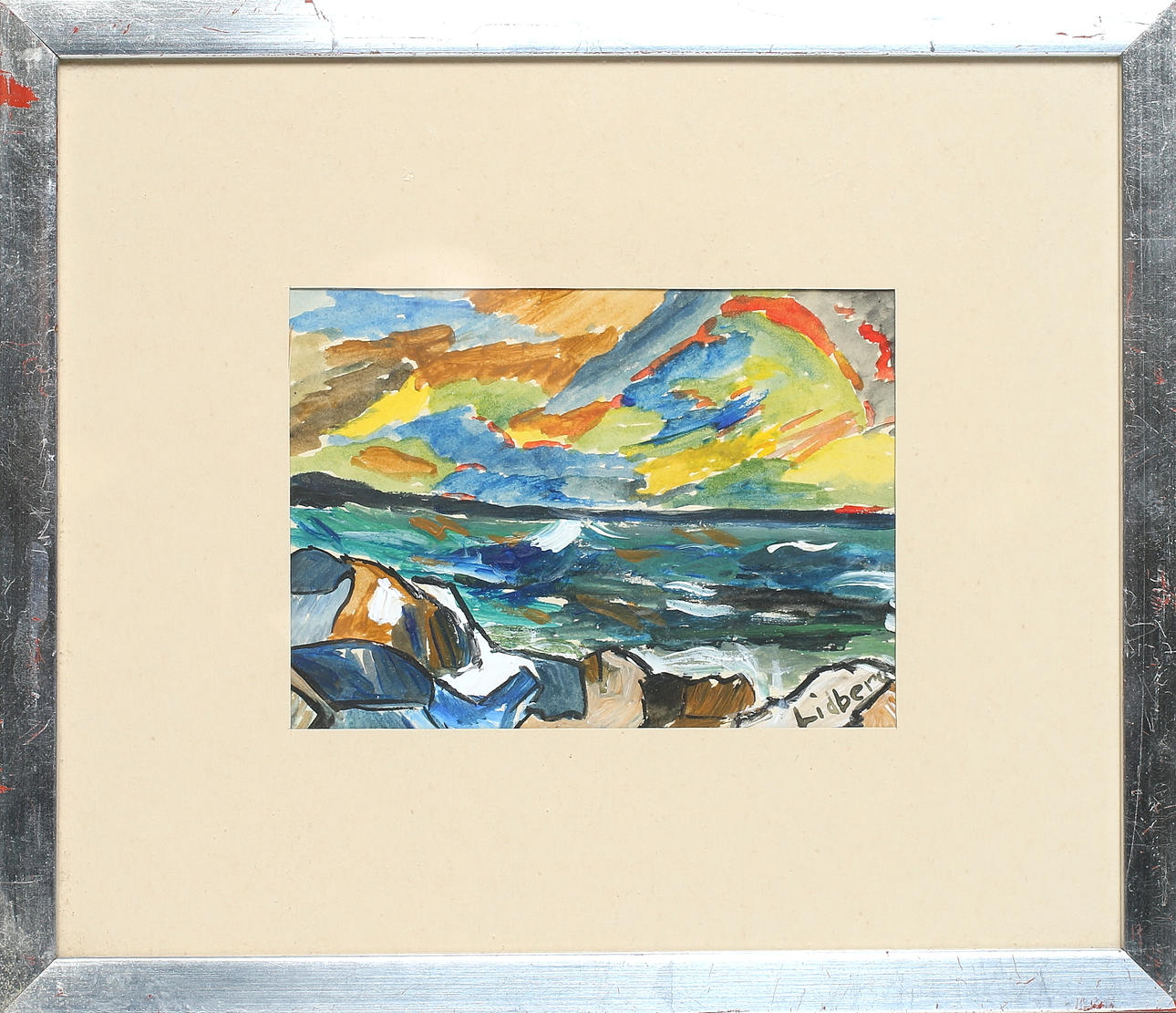 SVEN LIDBERG. Havsvy, gouache, signerad.