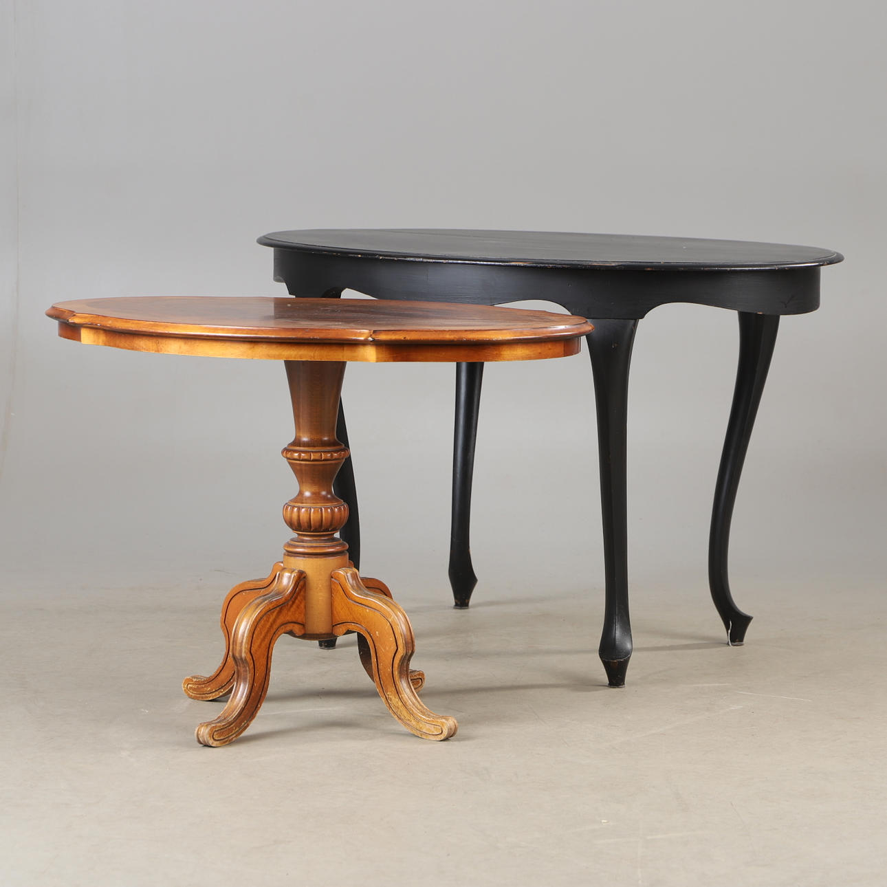 TABLE, 2 pieces, black painted and mahogany, rococo style.