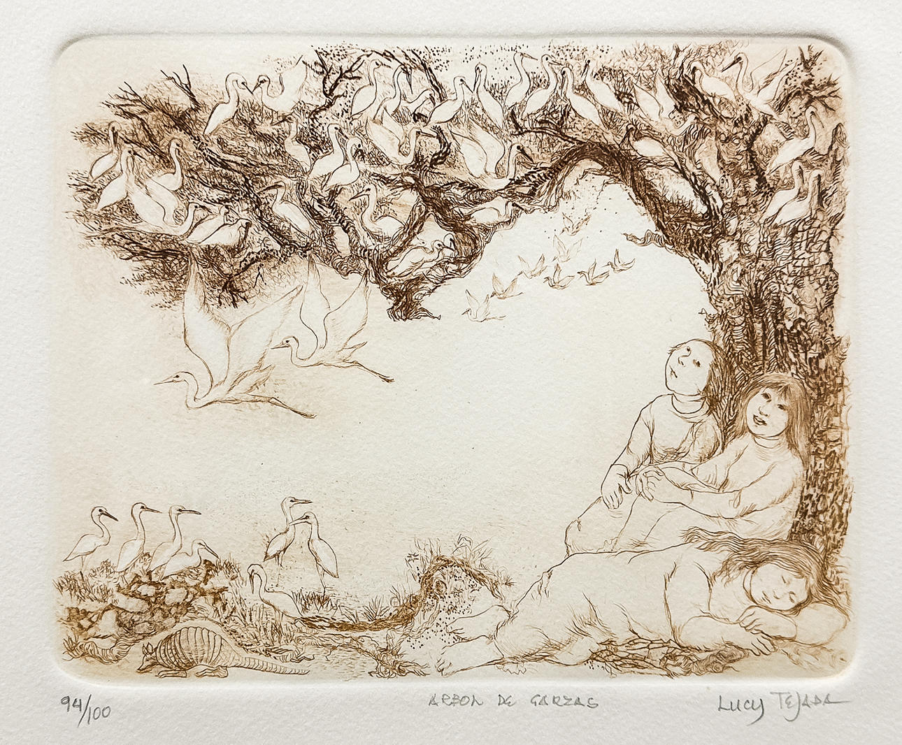 LUCY TEJADA. ETCHING, “Arbol de garzas”, signed, numbered Colombia.