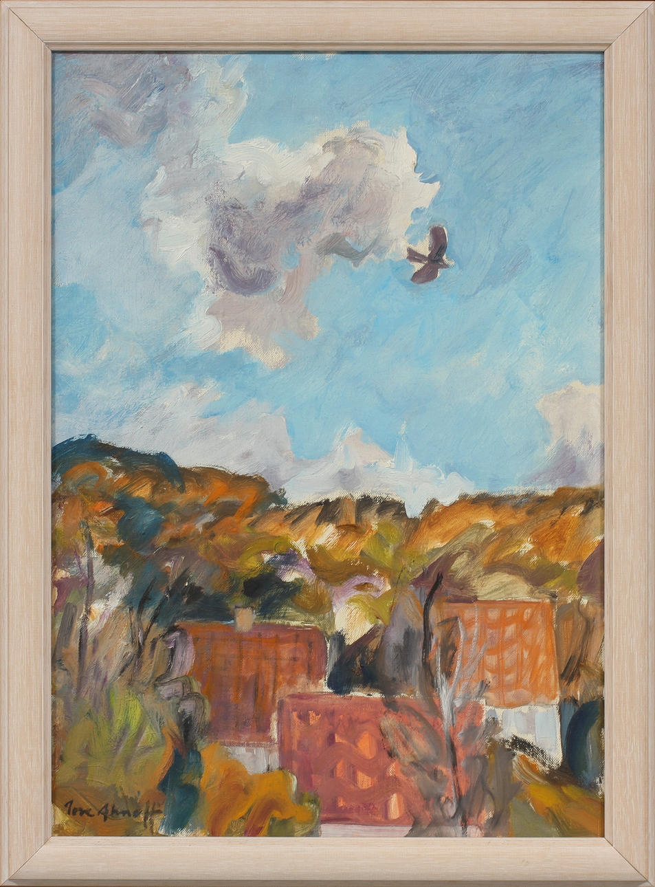 TORE AHNOFF. Landskap med hus och fågel, olja på duk, signerad.