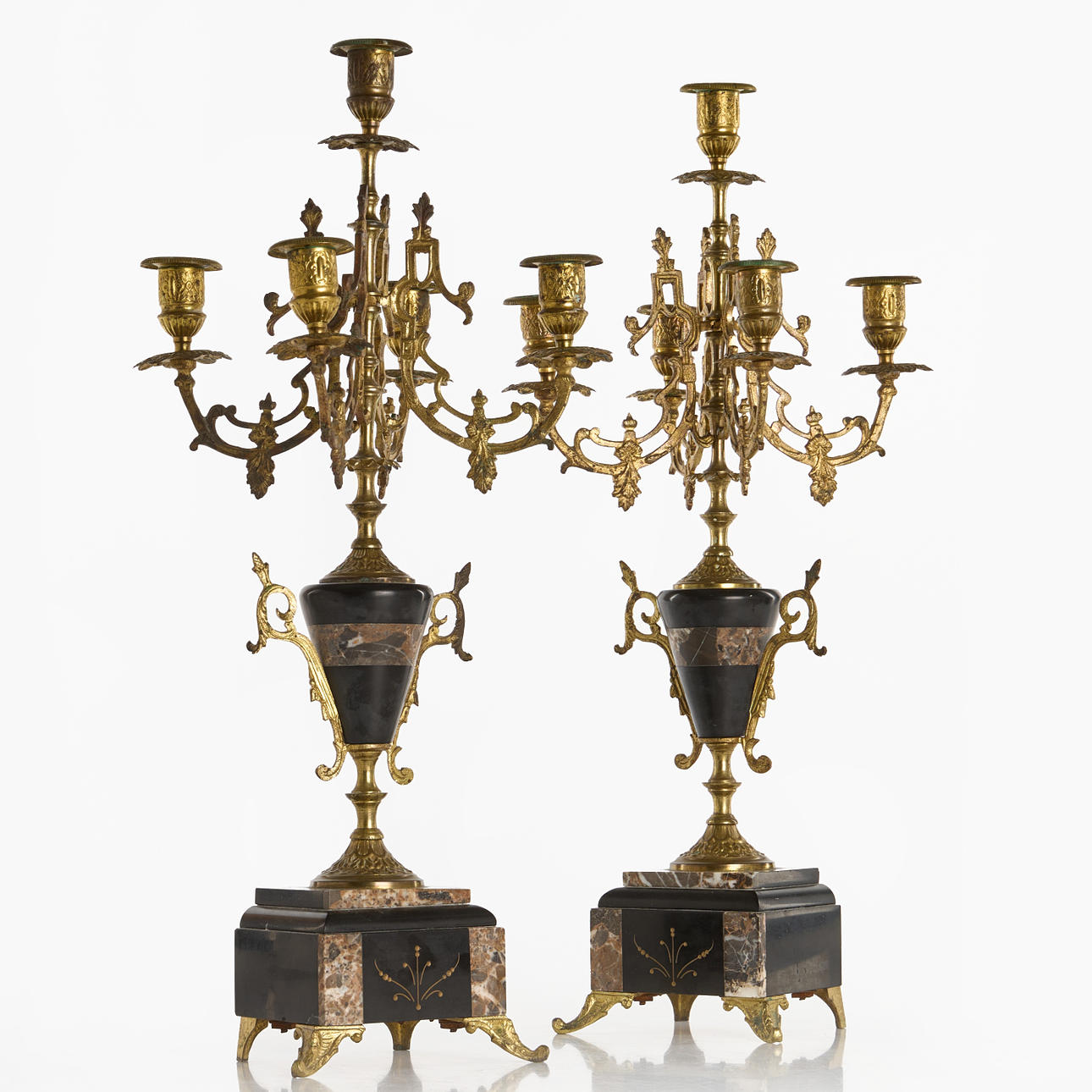 CANDELABRAS, 1 pair for 5 candles each, brass and stone.