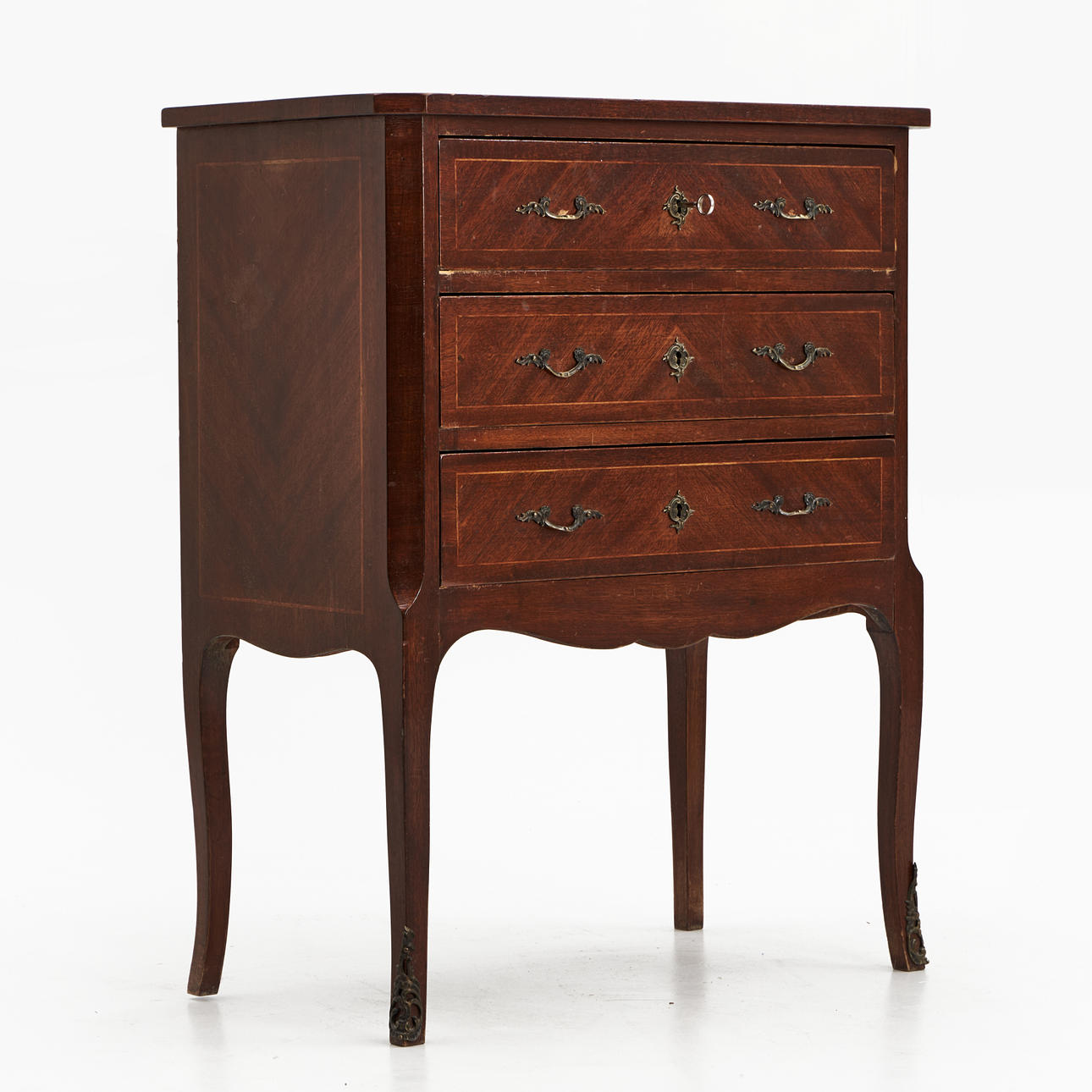 Chest of drawers, Rococo style, veneer with simple intarsia, brass ...