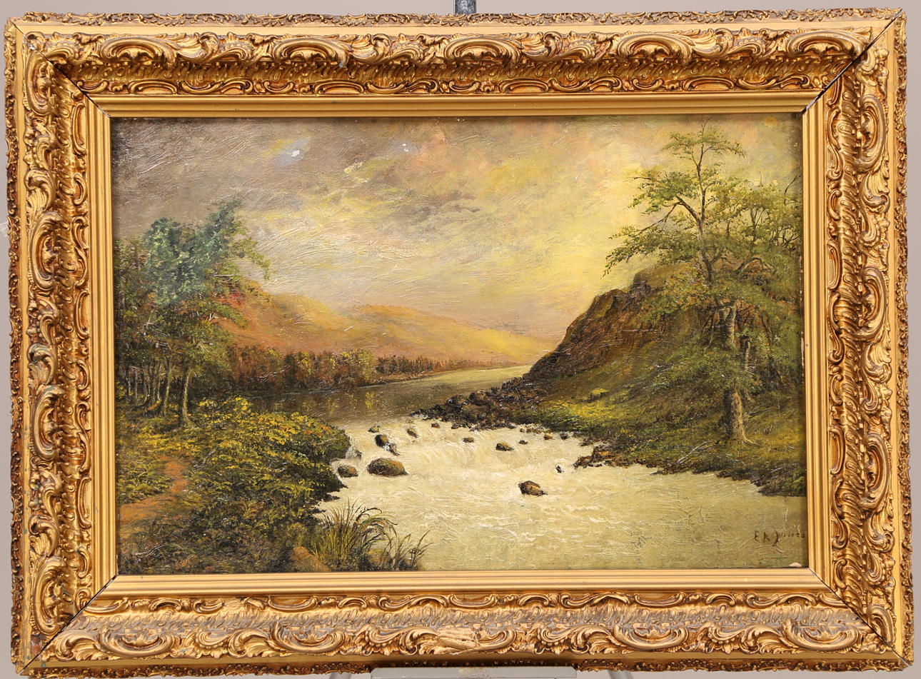 OIDENTIFIERAD KONSTNÄR. Tavla, vattenfall, olja på duk, 1800-tal, signerad E.A.Jones.