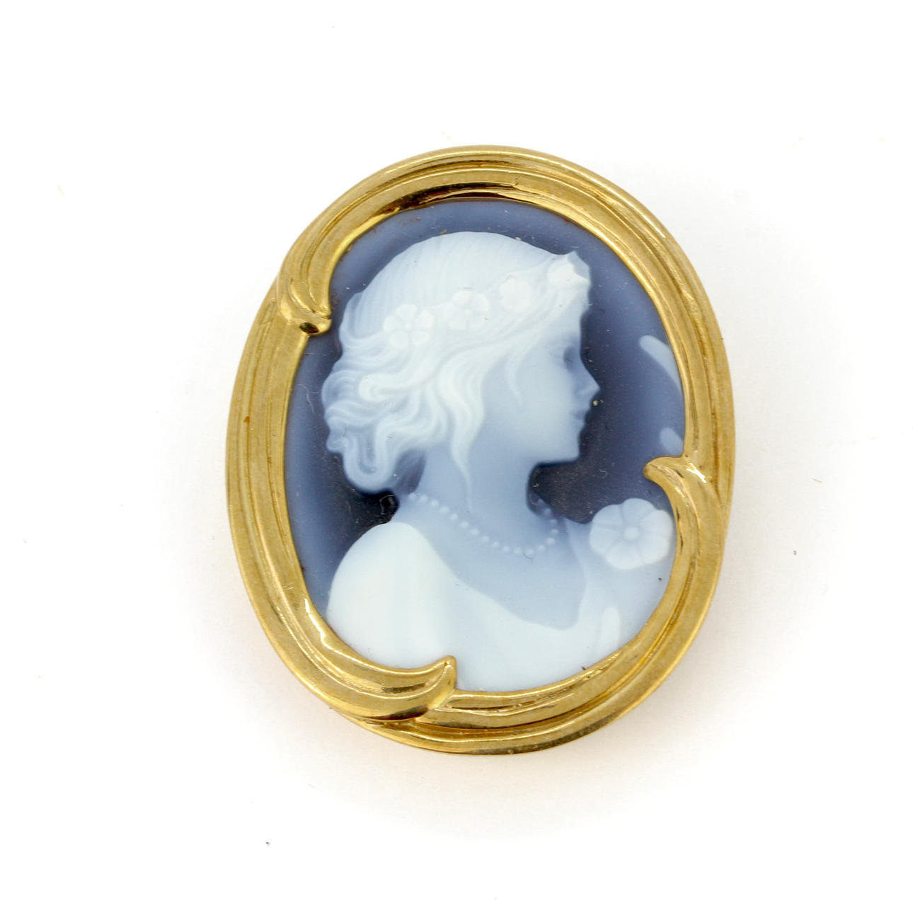 9 KARAT GULDBLÅ ONYX CAMEO BROSCH.