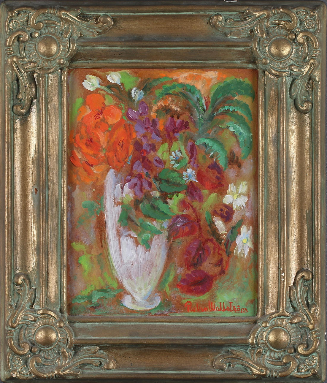 RUBEN WALLSTRÖM. "Blomsterstilleben", olja på duk, signerad.