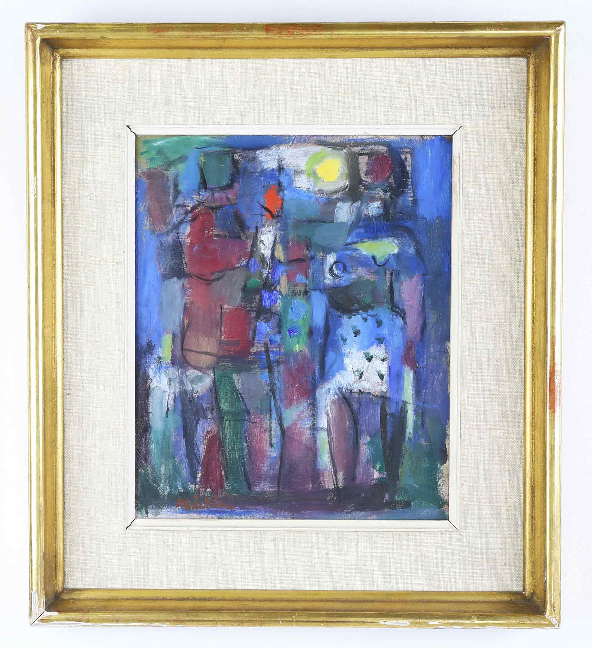 NILS BÄCKSTRÖM. Oil on panel, color composition with figures, signed.