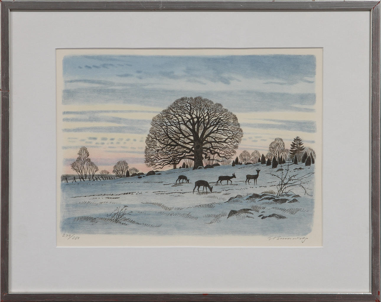 GUNNAR BRUSEWITZ. Landskap med rådjur, färglitografi, signerad och numrerad 279/280.