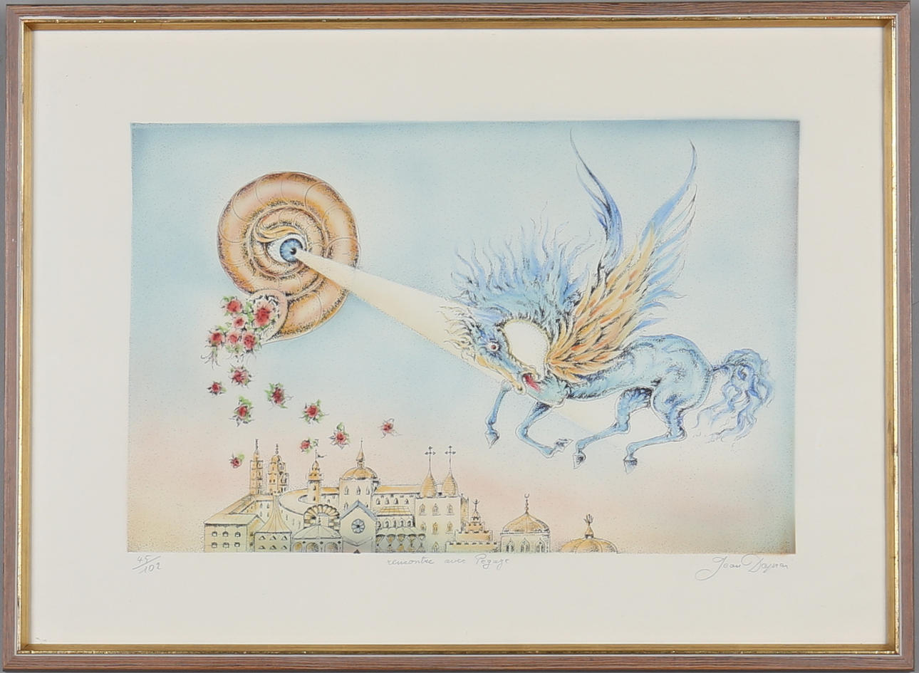 JEAN DAPRAI. Surrealistiskt landskap, färglitografi, signerad samt numrerad.