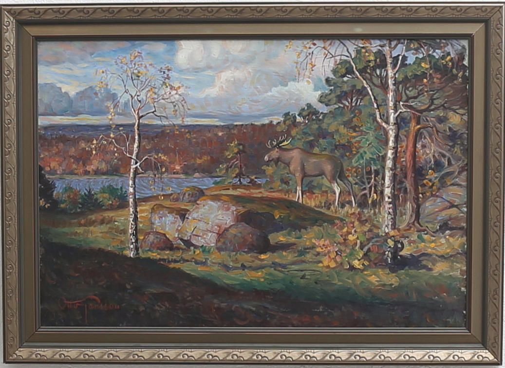 OTTO JANSSON. Olja på duk, Älg vid havsvik, signerad.